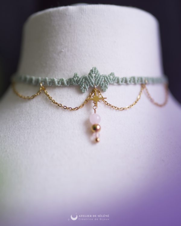 nymphéa ras de cou vert pastel avec perle de quartz rose