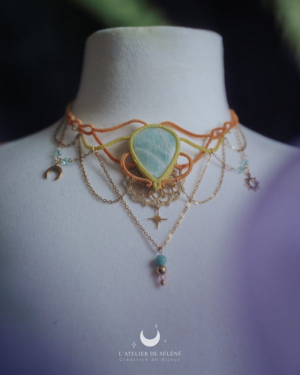 stella grand collier orange & jaune avec une amazonite