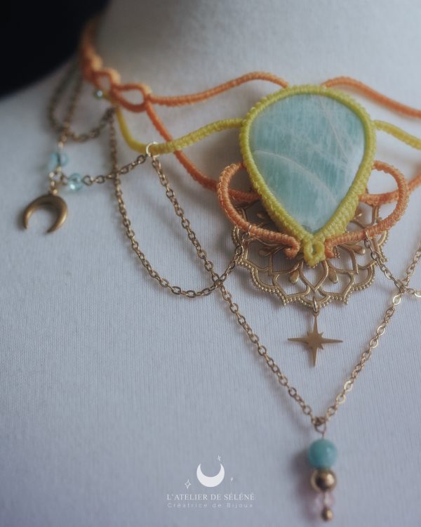 stella grand collier orange & jaune avec une amazonite