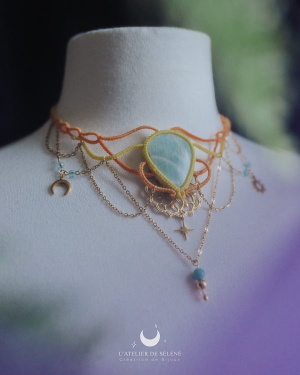 stella grand collier orange & jaune avec une amazonite