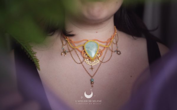 stella grand collier orange & jaune avec une amazonite
