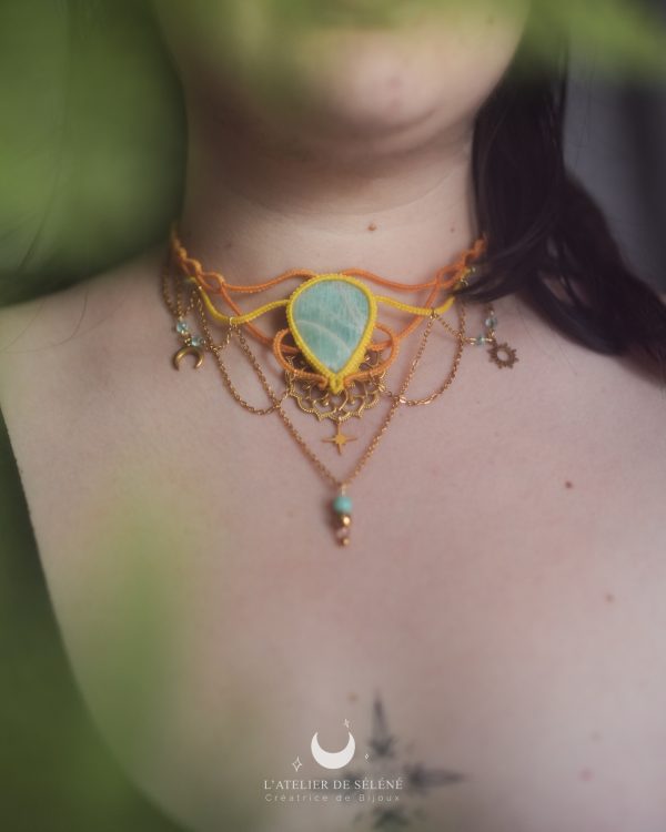 stella grand collier orange & jaune avec une amazonite