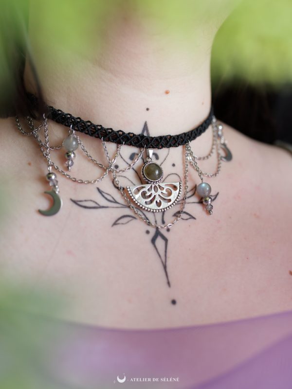 ras de cou noir et argenté lunes , ras de cou style alternatif